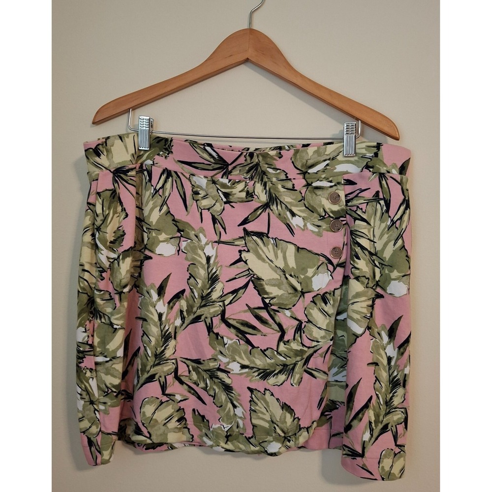 Jones New York Women XXL Skort Pink Green Tropical Palm Leaf Wrap Front Button